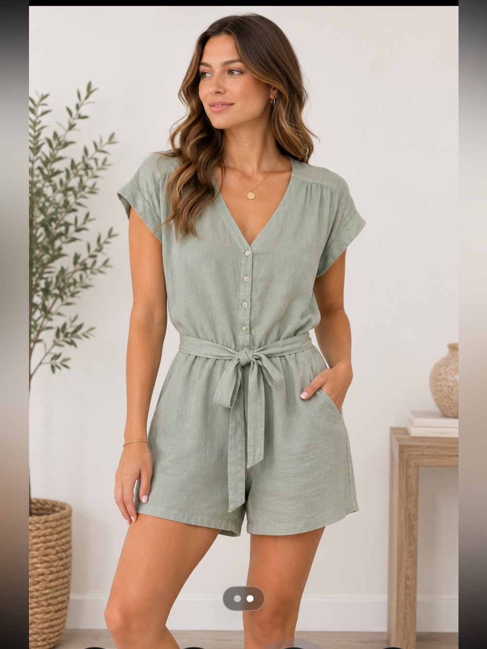 cloth & stone Linen Sage Green Button-Front Tie-Waist Romper